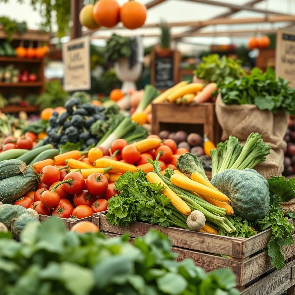 organic vegetables at a farmers market, colorful display of fresh produce, wooden crates and burlap sacks, natural and vibran
