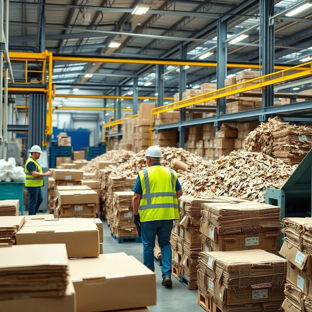 A vibrant, modern recycling facility with bales of compressed corrugated cardboard, workers in safety vests, and advanced machinery sorting materials, emphasizing efficiency and sustainability, bright lighting, industrial setting, ultra realistic, highly detailed, 8k quality, photorealistic