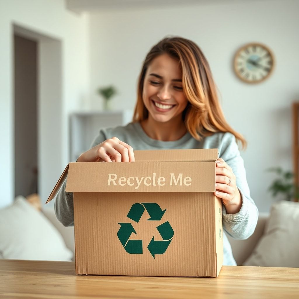 unpacking - A customer happily unboxing a product from a beautifully designed, minimalist corrugated cardboard box with a pro