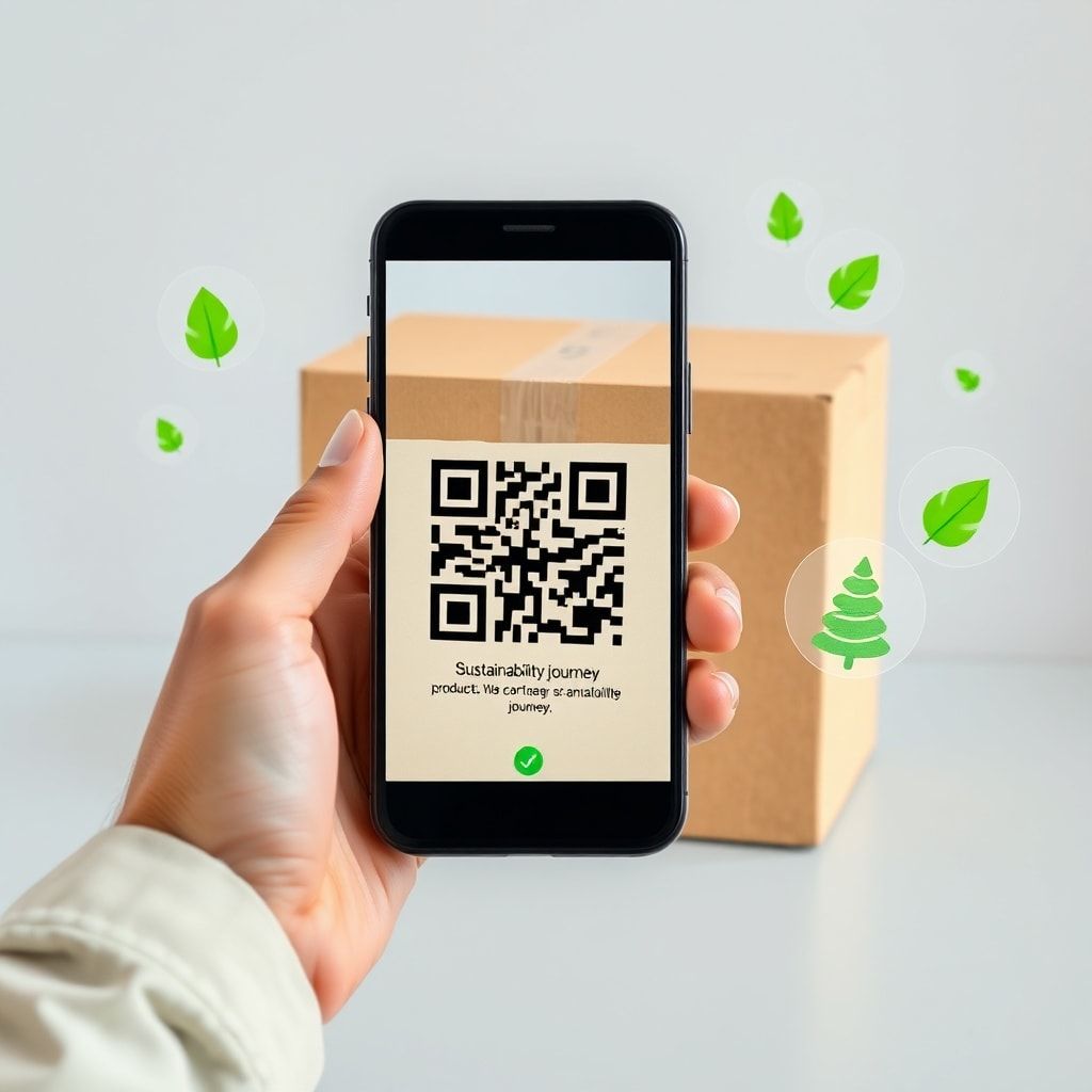 unpacking - A hand holding a smartphone scanning a QR code on a corrugated cardboard box, showing augmented reality informati