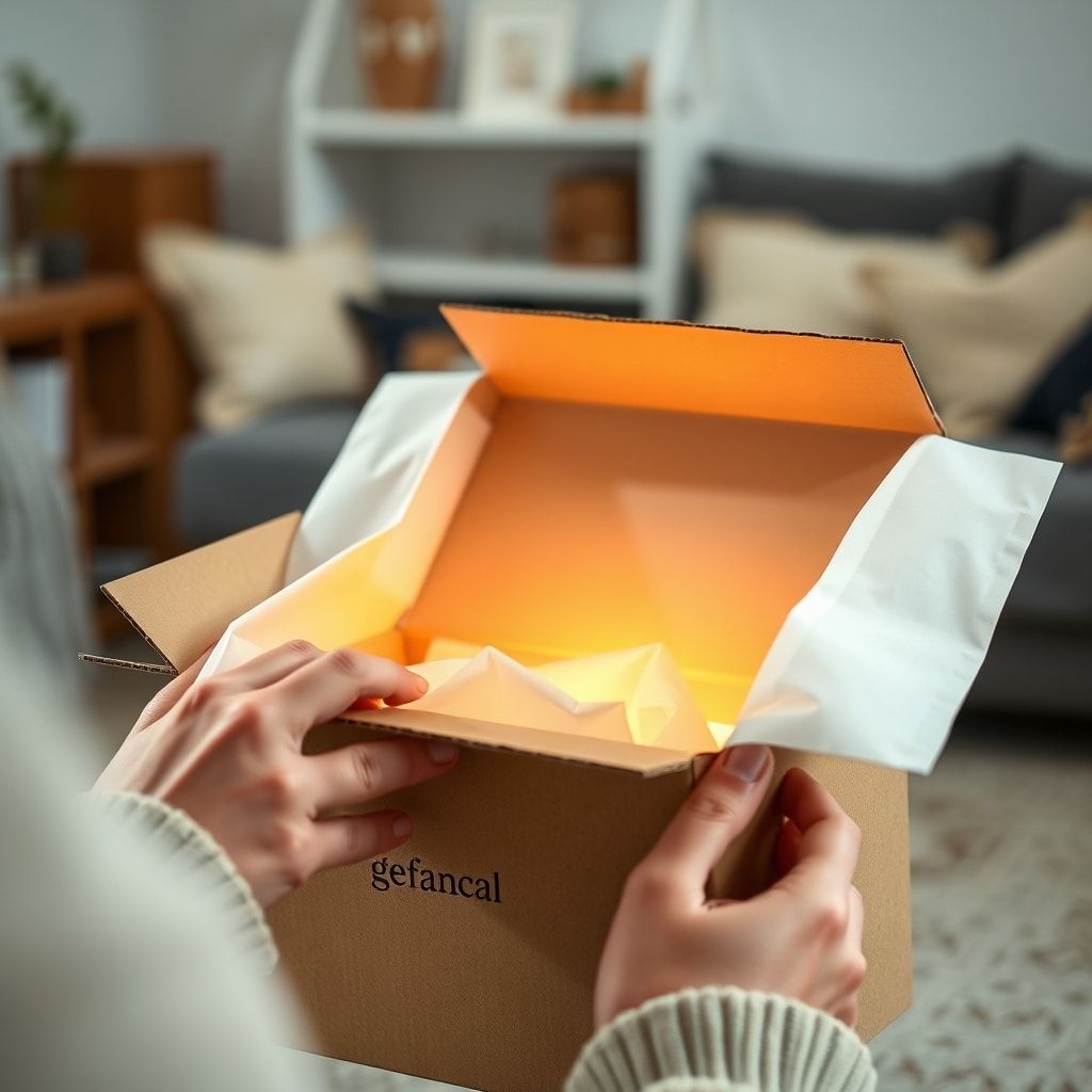 A close-up shot of a pair of hands carefully opening a beautifully designed custom corrugated box, revealing a soft tissue paper and a glimpse of a product inside. The box features a minimalist logo and subtle brand colors, with a warm, inviting glow. The background is a blurred, cozy home setting, emphasizing the personal unboxing moment, natural light, soft focus, high detail, emotional connection.