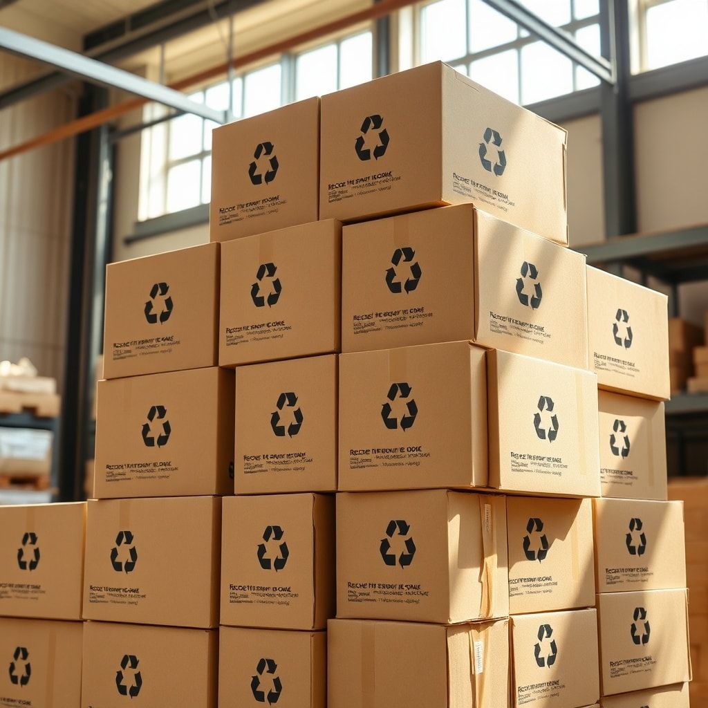 beyond - A modern, organized e-commerce warehouse with a stack of neatly arranged custom corrugated boxes, each featuring uni