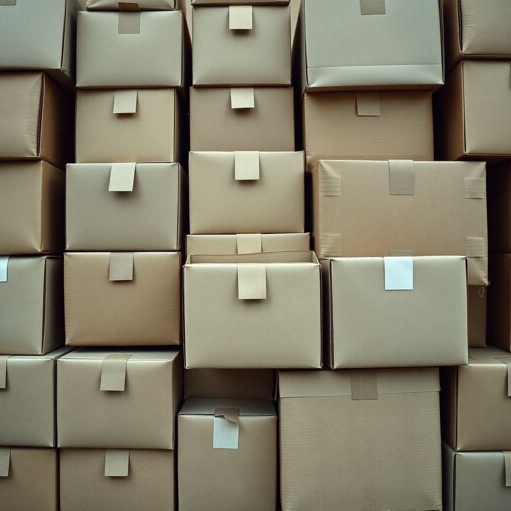 Image of various corrugated boxes stacked together, showcasing different sizes and shapes