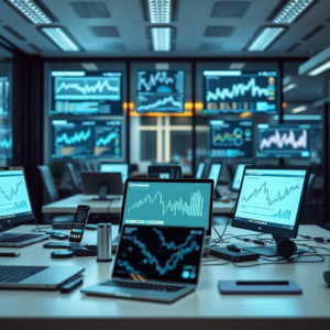 modern office with advanced technology gadgets and devices, including laptops, smartphones, and tablets, futuristic digital screens displaying data analytics and graphs, innovative high-tech workspace design