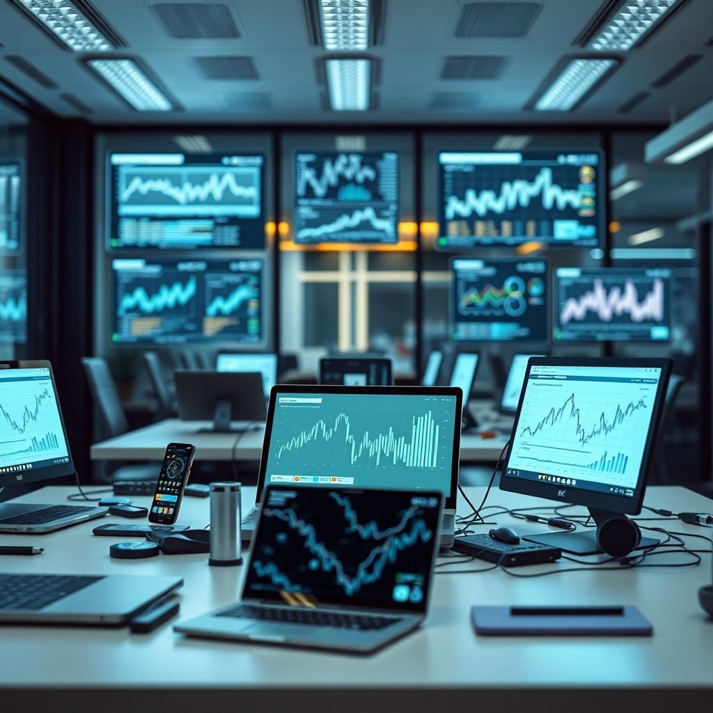 modern office with advanced technology gadgets and devices, including laptops, smartphones, and tablets, futuristic digital screens displaying data analytics and graphs, innovative high-tech workspace design