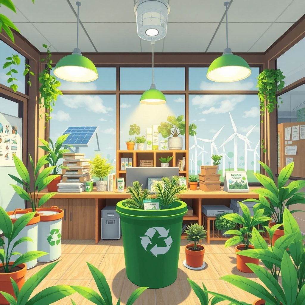 10 Innovative Ideas to Transform Your Business Today 3 innovative - eco-friendly office environment with recycling bins, energy-efficient lighting, and indoor plants, sustainable p