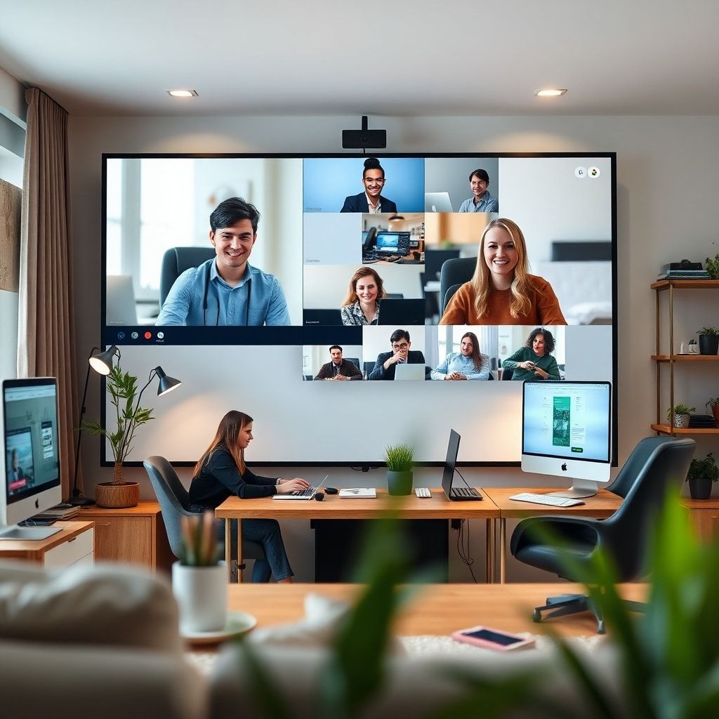10 Innovative Ideas to Transform Your Business Today 5 remote team meeting via video conference, virtual workspace with digital collaboration tools and communication platforms, wor