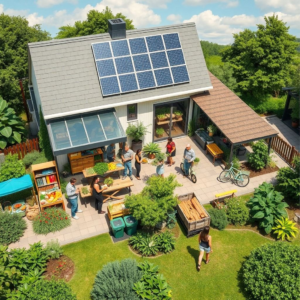 sustainable living in a modern eco-friendly home with solar panels and recycling bins, lush green garden with compost pile and rainwater harvesting system, diverse group of people shopping at a local farmers market, sustainable fashion clothing made from organic cotton and recycled materials, eco-conscious family enjoying a picnic in a beautiful natural park, sustainable transportation options like bicycles and electric cars, sustainable architecture with green roofs and energy-efficient design