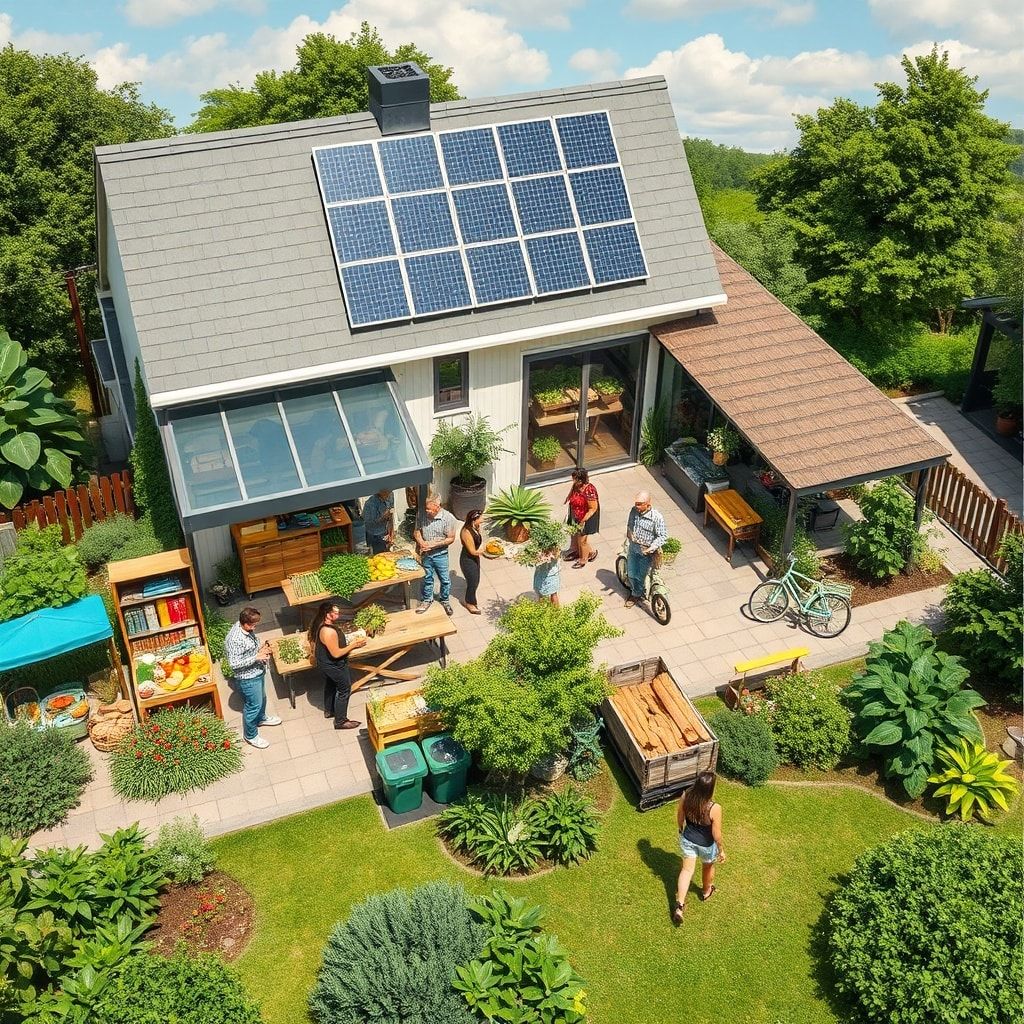 sustainable living in a modern eco-friendly home with solar panels and recycling bins, lush green garden with compost pile and rainwater harvesting system, diverse group of people shopping at a local farmers market, sustainable fashion clothing made from organic cotton and recycled materials, eco-conscious family enjoying a picnic in a beautiful natural park, sustainable transportation options like bicycles and electric cars, sustainable architecture with green roofs and energy-efficient design