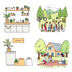 sustainable lifestyle with eco-friendly products and plants, minimalist kitchen with reusable items, sustainable transportation options like bicycles and public transport, local farmer's market with organic produce, community composting bin, diverse group of people planting trees in a forest, reusable metal straws and cloth bags, energy-efficient home with solar panels, family enjoying a zero-waste picnic in nature, educational workshop on sustainable living practices