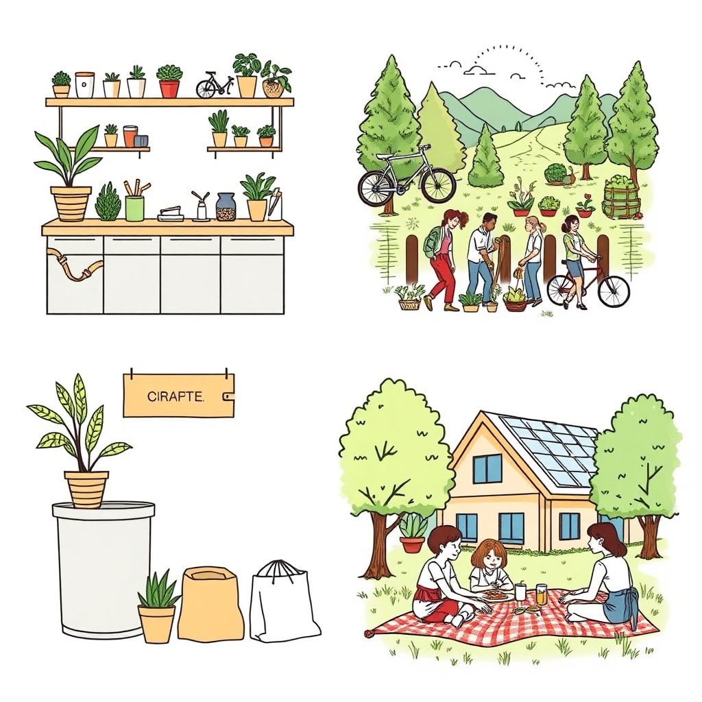 sustainable lifestyle with eco-friendly products and plants, minimalist kitchen with reusable items, sustainable transportation options like bicycles and public transport, local farmer's market with organic produce, community composting bin, diverse group of people planting trees in a forest, reusable metal straws and cloth bags, energy-efficient home with solar panels, family enjoying a zero-waste picnic in nature, educational workshop on sustainable living practices