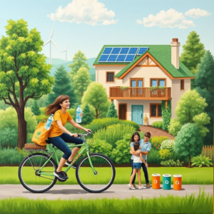 sustainable lifestyle - person riding a bike in a green urban environment, reusable water bottle and eco-friendly bag, solar panels on a house roof, sustainable farming practices, green energy wind turbines, eco-conscious family enjoying nature, sustainable architecture with green spaces, sustainable community garden, recycling bins in a park