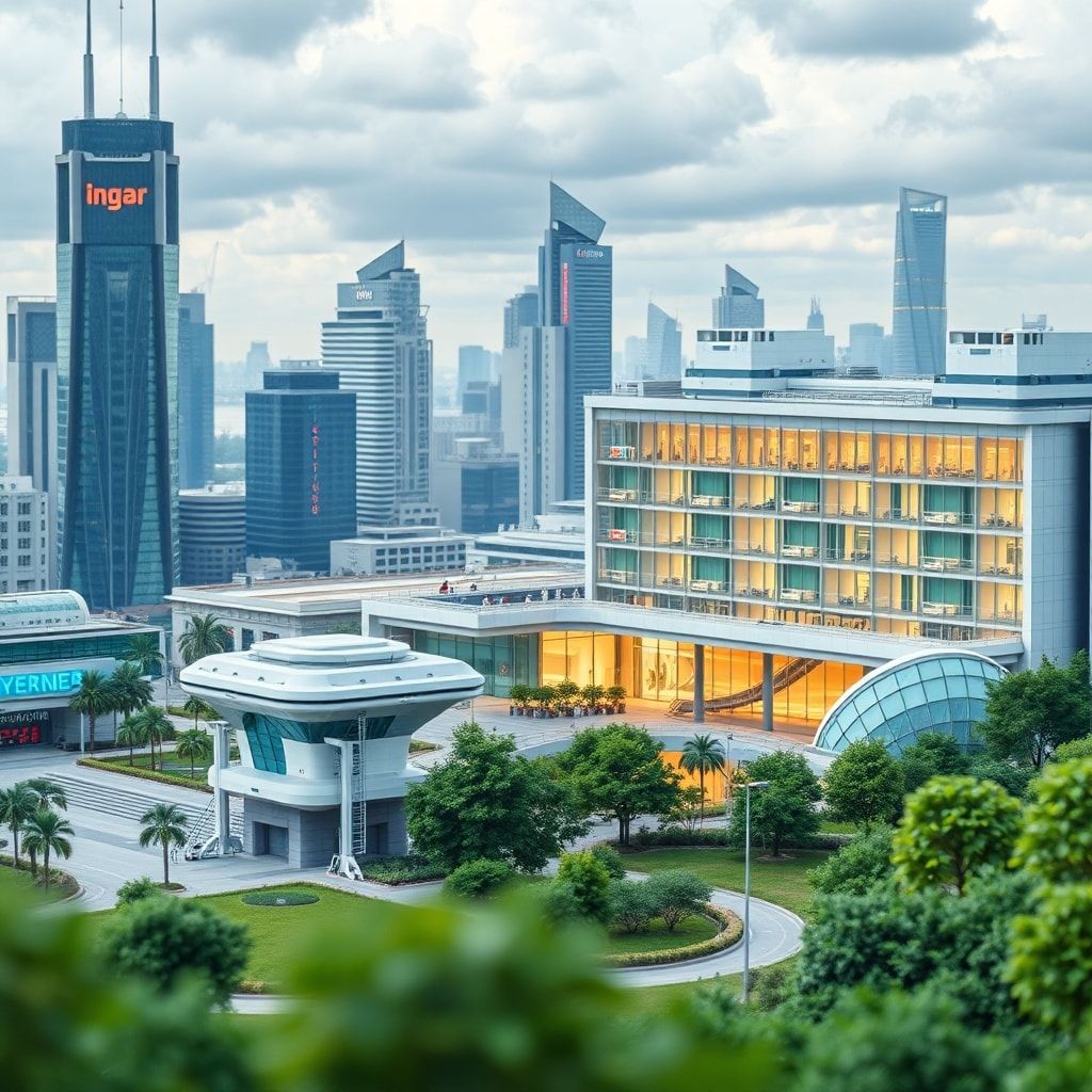 cutting-edge technology in a futuristic cityscape, innovative medical devices in a modern hospital, sustainable energy solutions in a green landscape