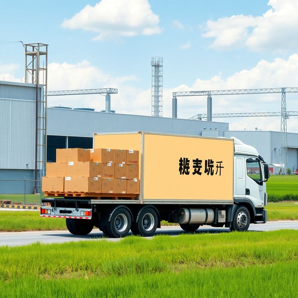 A delivery truck loading corrugated cardboard boxes at a modern factory in an industrial area, with green fields and a clear sky in the background, representing efficiency and local supply. The truck has the logo 'ธุรกิจอยุธยา-ปริมณฑล: เลือกโรงงานผลิตกล่องกระดาษลูกฟูก 'ใกล้'' on its side. Cinematic, wide shot, natural lighting, highly detailed, photorealistic.