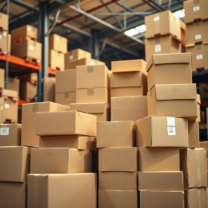 A detailed shot of various sizes and types of corrugated cardboard boxes neatly stacked in a modern warehouse, bathed in warm natural light, indicating efficient storage and logistics. The boxes are plain brown, ready for customization. High-resolution, industrial photography style.