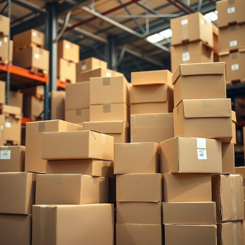 A detailed shot of various sizes and types of corrugated cardboard boxes neatly stacked in a modern warehouse, bathed in warm natural light, indicating efficient storage and logistics. The boxes are plain brown, ready for customization. High-resolution, industrial photography style.
