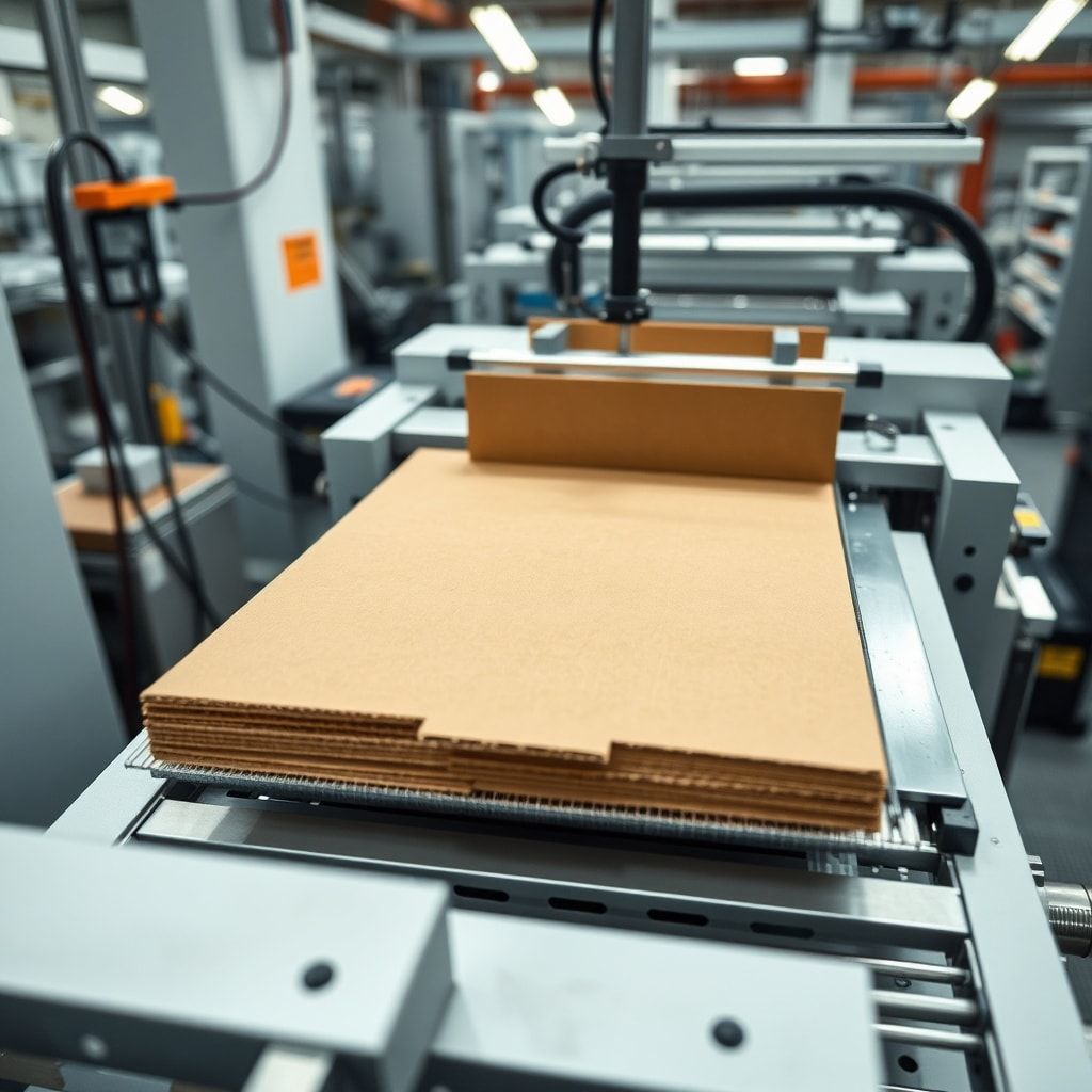 reduce - A close-up of a modern corrugated box manufacturing machine in action, showing the intricate process of cutting and