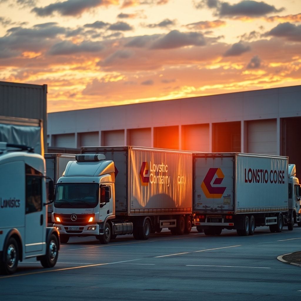 reduce - A fleet of delivery trucks, branded with a logistics company logo, efficiently loading and unloading corrugated boxe