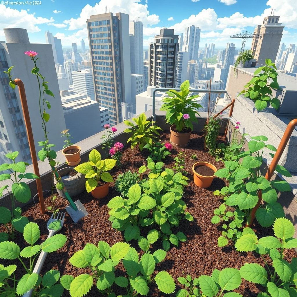 urban rooftop garden with vibrant plants and sustainable gardening tools