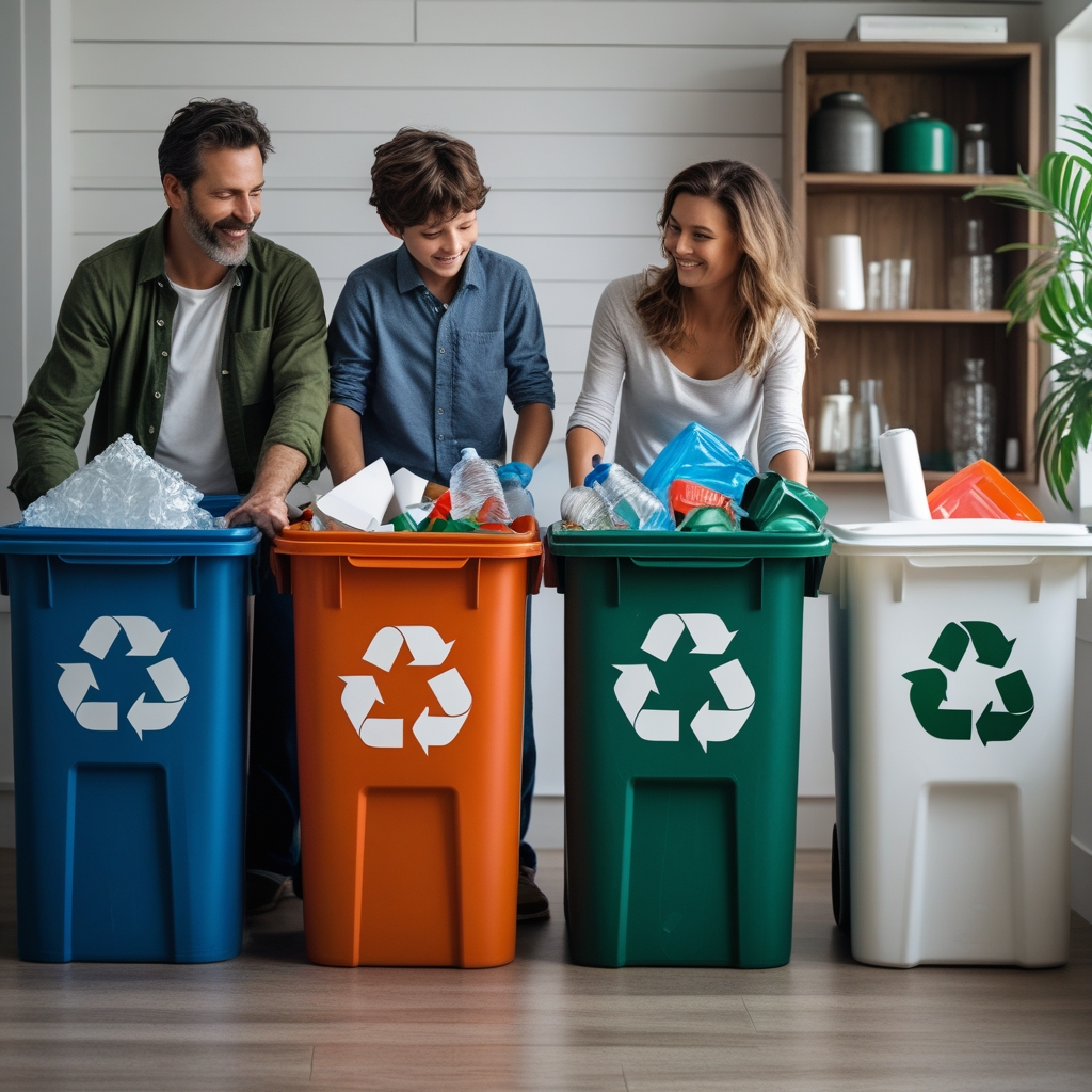 sustainable - family recycling together with multiple bins for paper, plastic, and glass