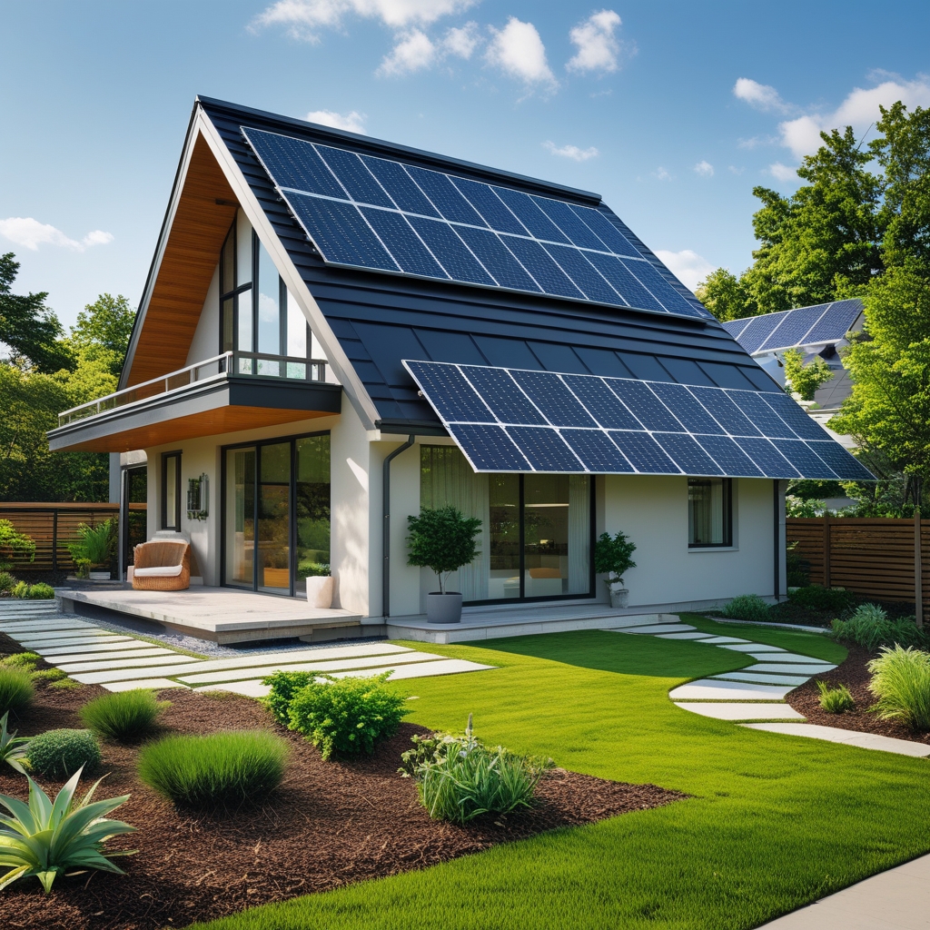 sustainable - solar panels on a modern eco-friendly house with green landscaping