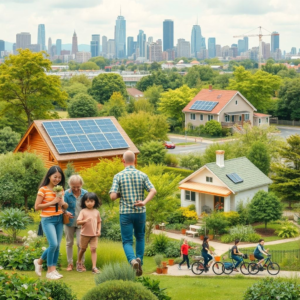 sustainable lifestyle with eco-friendly products and reusable items, happy family in a green garden with solar panels on roof, diverse group of people walking and biking in a park, green city skyline with renewable energy sources, sustainable agriculture practices in action, community garden with compost bins and rainwater harvesting system, eco-conscious individuals participating in a climate change protest, modern eco-friendly house with energy-efficient features, sustainable transportation options like electric cars and bicycles