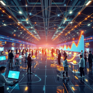 A vibrant, futuristic digital marketplace with interconnected lines representing data flow, diverse people shopping on various devices (laptops, smartphones), glowing shopping carts, and growth charts in the background, symbolizing global Ecommerce growth and digital innovation, dynamic, high-tech, ultra realistic, highly detailed, 8k quality