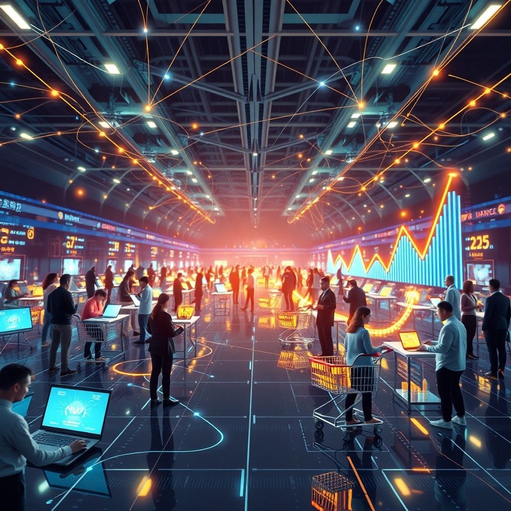 A vibrant, futuristic digital marketplace with interconnected lines representing data flow, diverse people shopping on various devices (laptops, smartphones), glowing shopping carts, and growth charts in the background, symbolizing global Ecommerce growth and digital innovation, dynamic, high-tech, ultra realistic, highly detailed, 8k quality