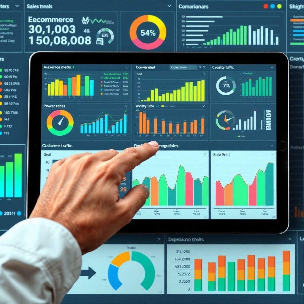A detailed dashboard displaying various Ecommerce metrics like sales trends, conversion rates, customer demographics, and web