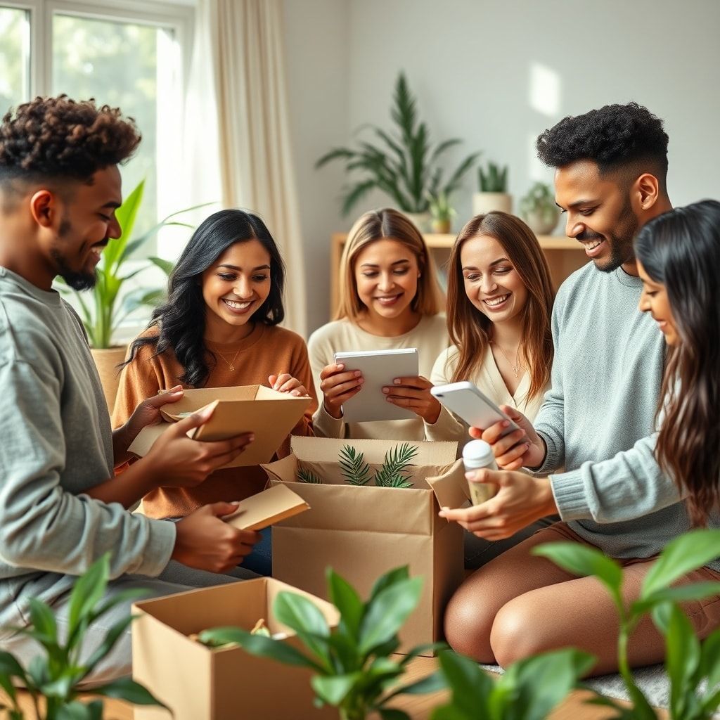 A diverse group of people happily unboxing packages made from sustainable, recyclable materials, smiling as they discover pro