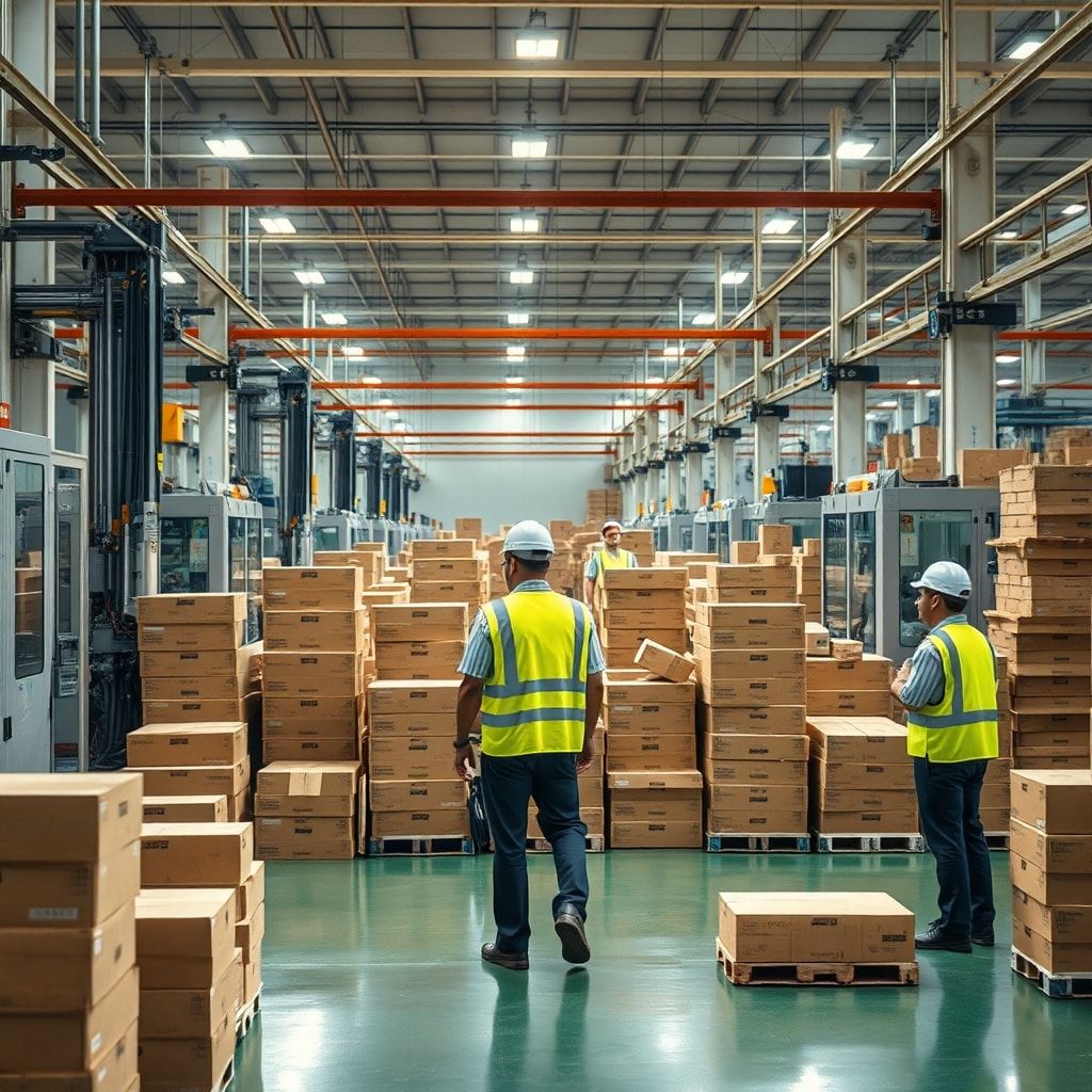 A modern corrugated cardboard box factory floor in Bangkok, showing automated machinery producing custom-sized boxes, stacks of finished boxes, and a few factory workers in safety vests overseeing the process. The environment is clean, well-lit, and efficient. Warm natural sunlight, cinematic atmosphere, ultra realistic, highly detailed, 8k quality, photorealistic