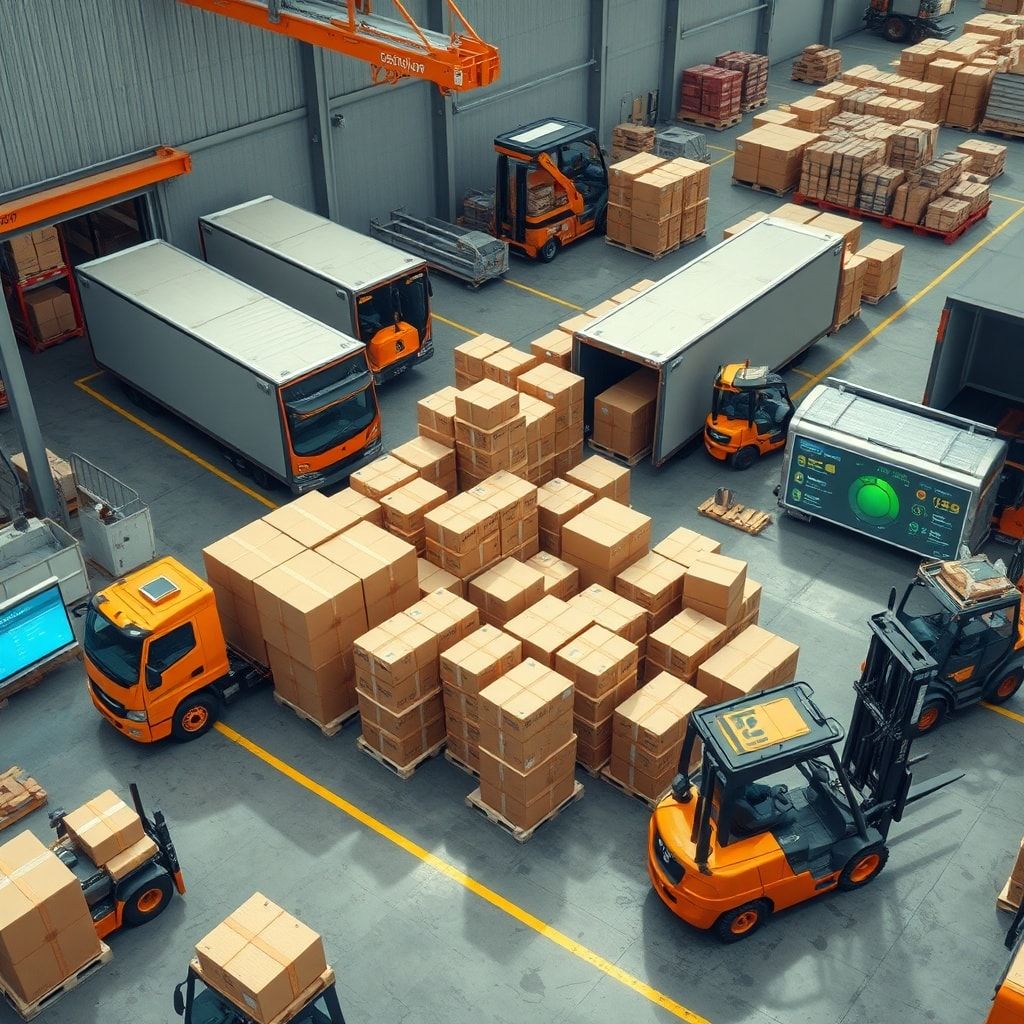 secrets - A vibrant logistics hub with trucks loading and unloading custom-sized corrugated boxes, forklifts moving pallets e