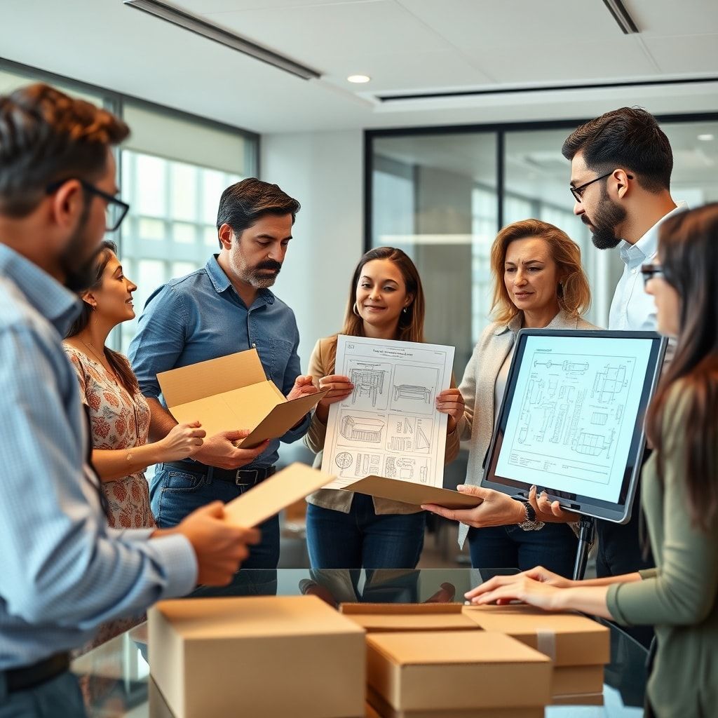 secrets - A diverse group of business owners and packaging specialists in a modern meeting room, reviewing various corrugated