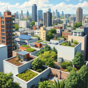 sustainable living in a modern urban city with rooftop gardens, solar panels, and green spaces