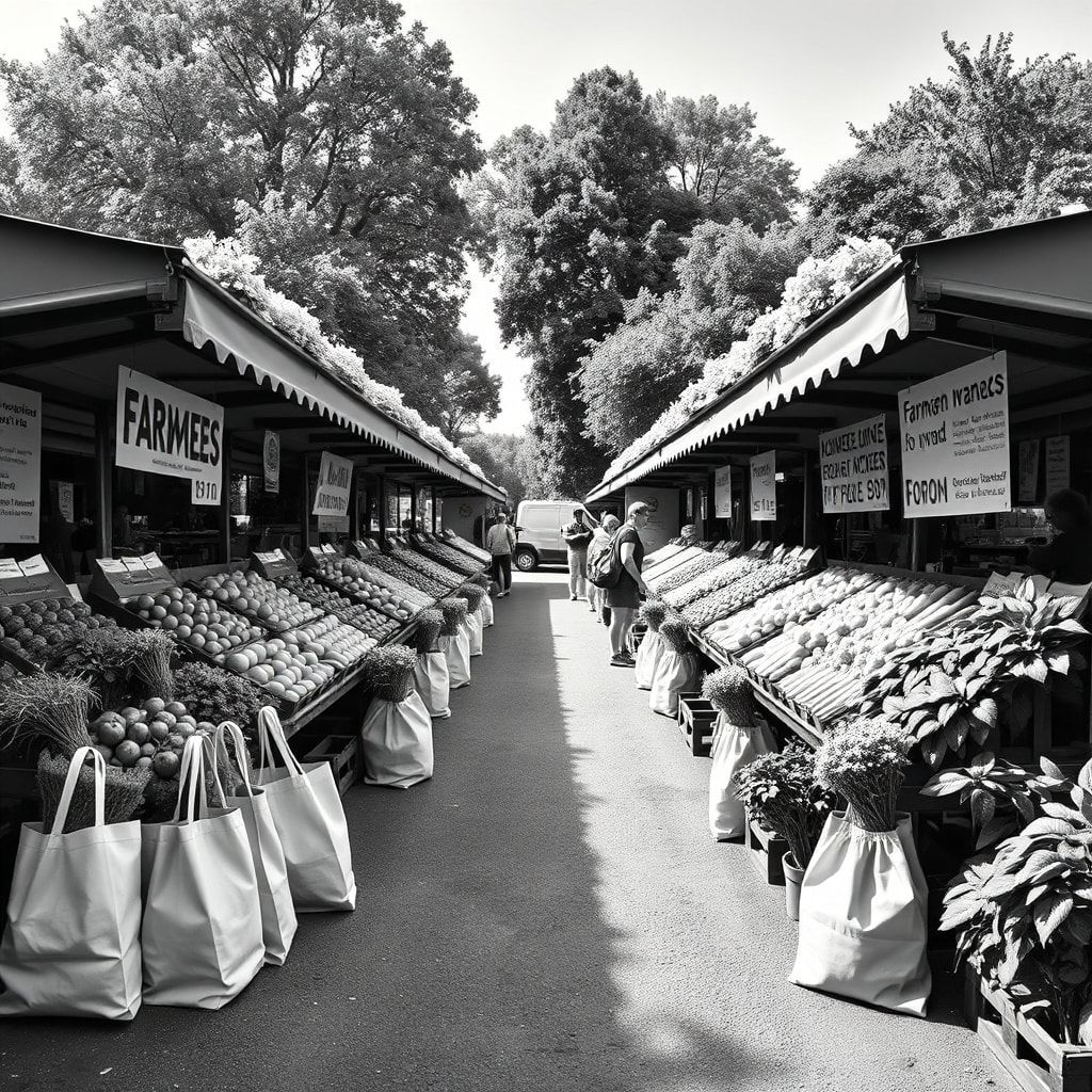 sustainable agriculture with farmers market stalls, fresh produce, and reusable shopping bags