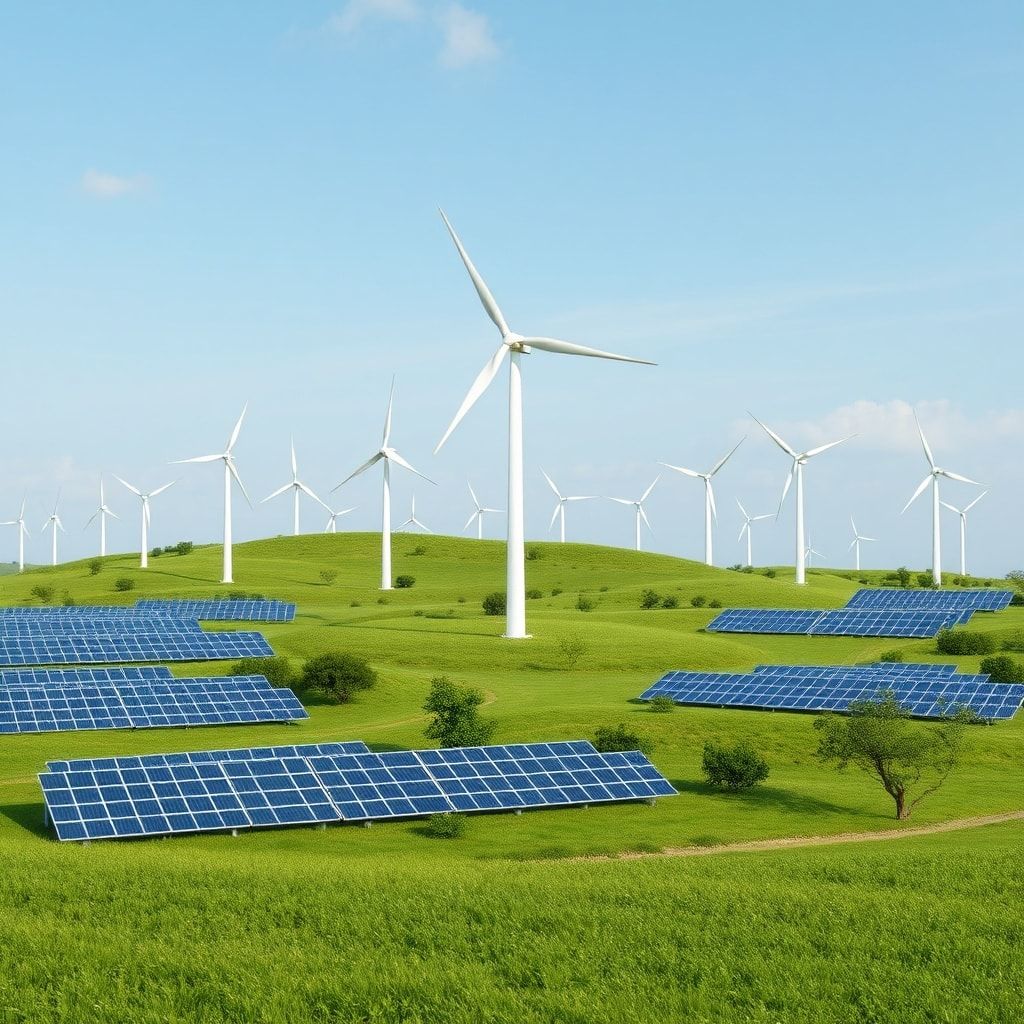 sustainable - renewable energy sources such as wind turbines and solar panels in a green landscape setting