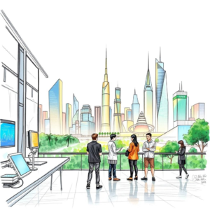 cutting-edge technology in a modern research lab, futuristic city skyline with smart buildings and green spaces, diverse group of professionals collaborating on a digital project