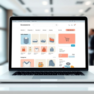 A detailed illustration of a modern, user-friendly Ecommerce website interface displayed on a laptop screen, showing product categories, a shopping cart icon, and a search bar. The background features a blurred office environment with natural light, emphasizing a professional and efficient digital shopping experience, clean lines, minimalist design, high-fidelity graphics, soft ambient lighting.