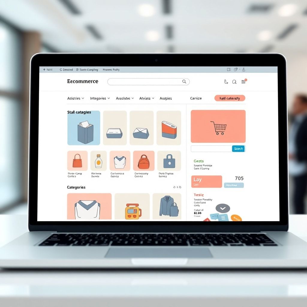 A detailed illustration of a modern, user-friendly Ecommerce website interface displayed on a laptop screen, showing product categories, a shopping cart icon, and a search bar. The background features a blurred office environment with natural light, emphasizing a professional and efficient digital shopping experience, clean lines, minimalist design, high-fidelity graphics, soft ambient lighting.