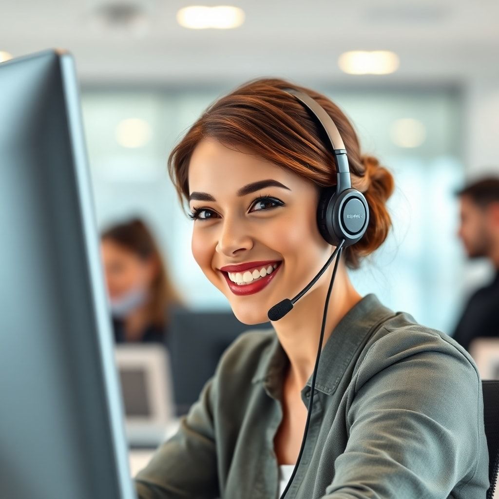 essential - A friendly customer service representative, smiling, wearing a headset, assisting a customer via a chat interface