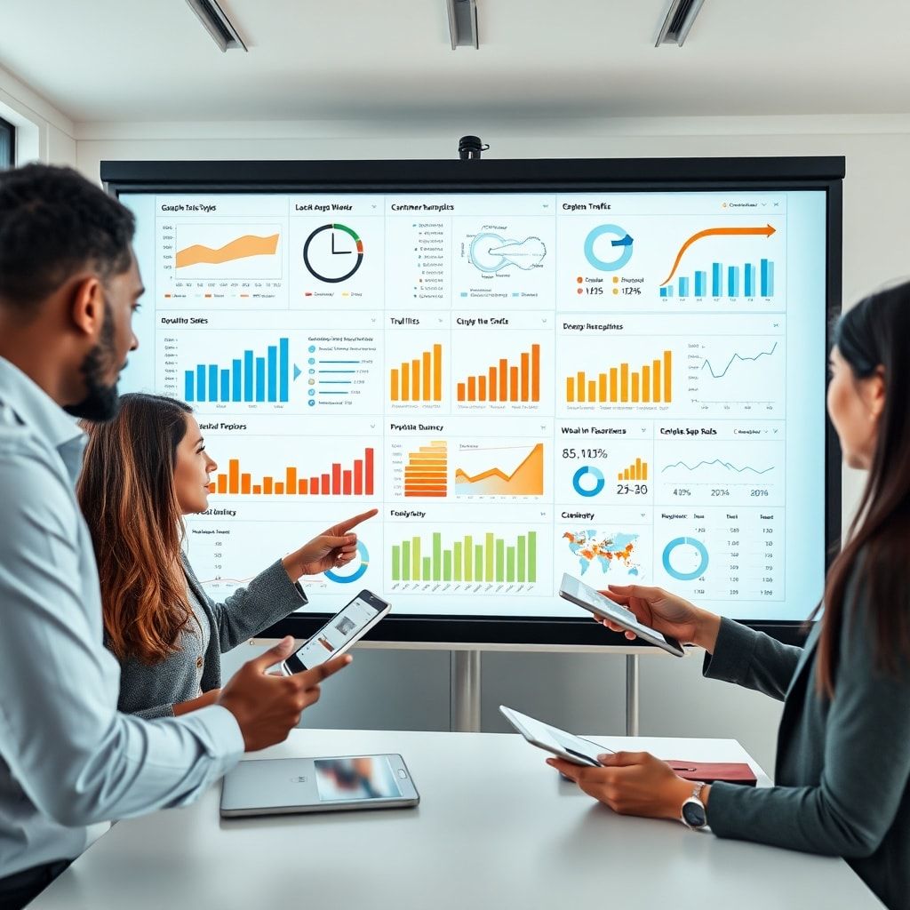 essential - A diverse team of professionals in a modern, brightly lit office collaborating around a large screen displaying v