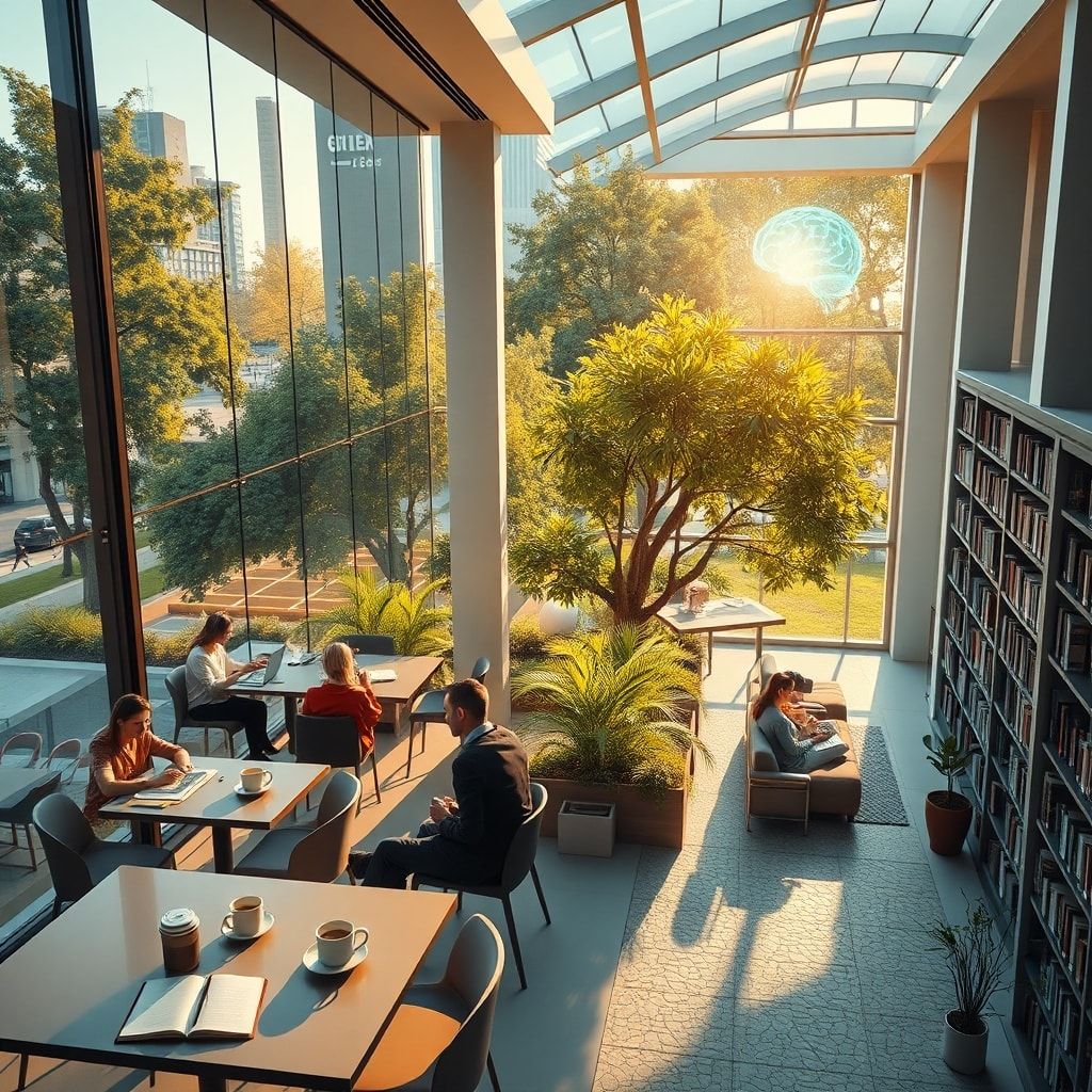 modern office with glass walls and people working on laptops, cozy Italian café terrace with coffee cups and notebooks, peaceful city park with green trees and stone pathways, minimalist living room interior with sunlight through large windows, futuristic AI holographic brain with neon lights, university library with tall bookshelves and students studying, warm natural sunlight, cinematic atmosphere, ultra realistic, highly detailed, 8k quality, photorealistic