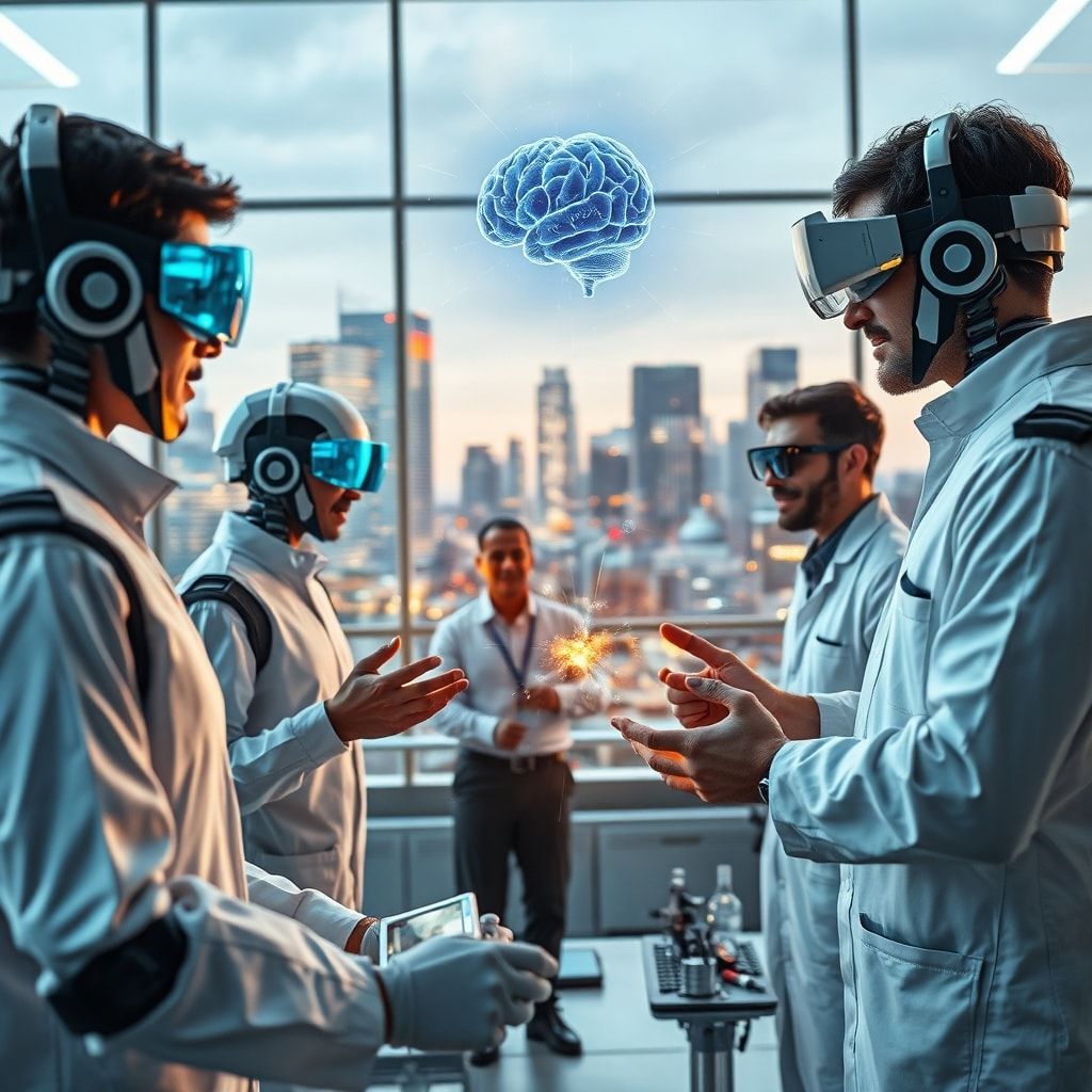 cutting-edge technology concept with digital interface, futuristic robotics in manufacturing industry, diverse group of profe