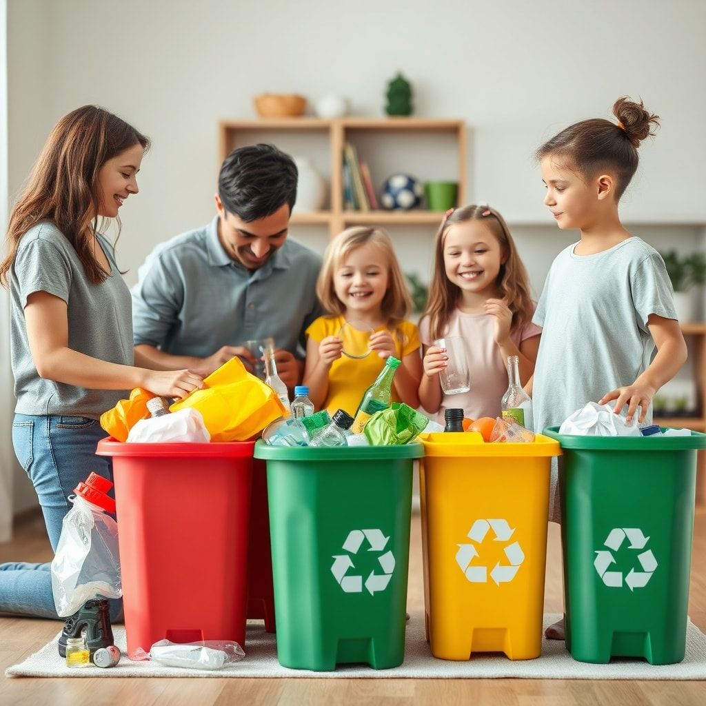 family recycling together at home, sorting plastic, paper, and glass, eco-friendly lifestyle, happy kids helping with chores, colorful recycling bins, sustainable living concept