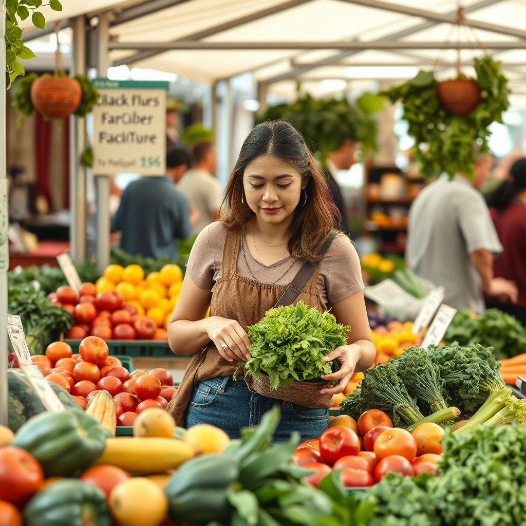woman shopping at local farmer's market, buying fresh produce, supporting local agriculture, sustainable food choices, eco-co