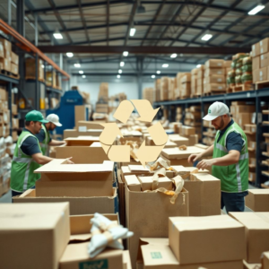 Sustainable packaging materials in a recycling facility, workers sorting cardboard boxes, recycling symbol and eco-friendly packaging design