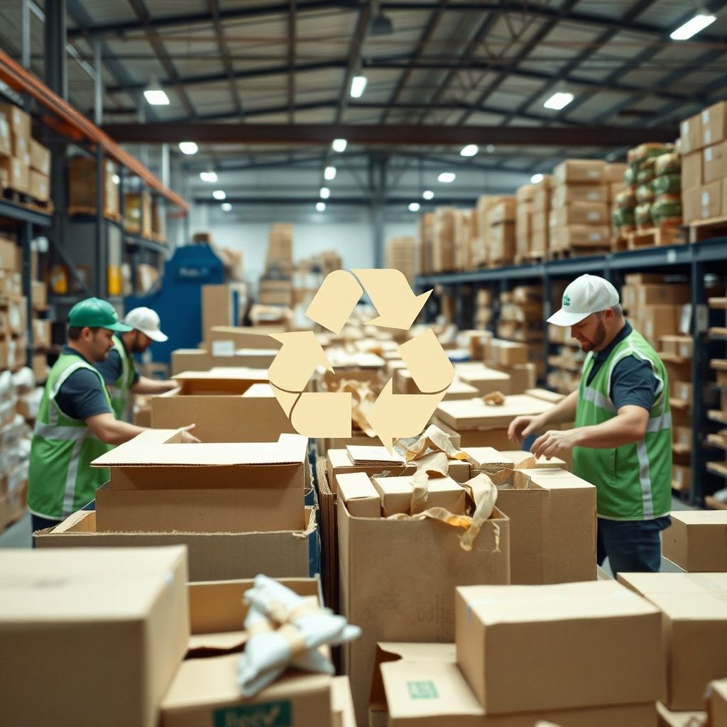 Sustainable packaging materials in a recycling facility, workers sorting cardboard boxes, recycling symbol and eco-friendly packaging design