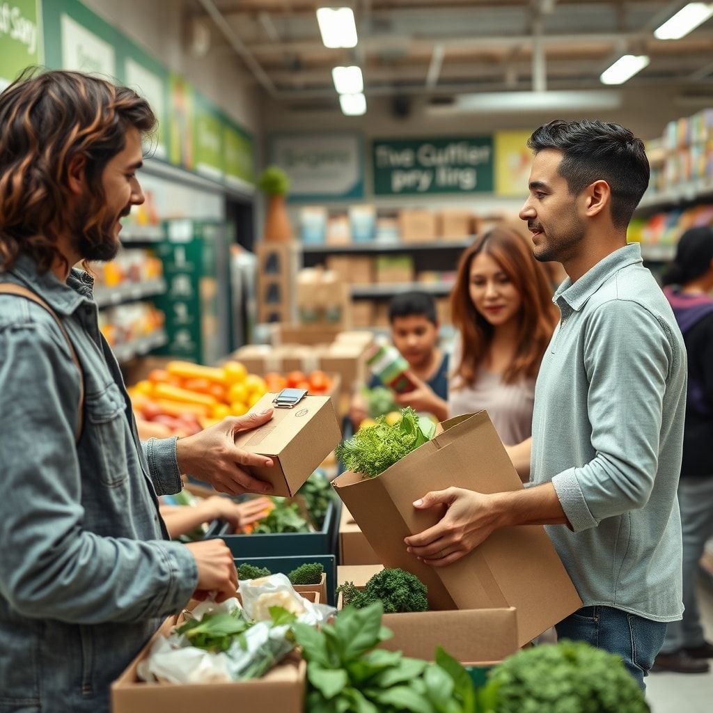 Consumer choosing sustainable packaging option at a grocery store, eco-conscious family recycling cardboard boxes, educationa