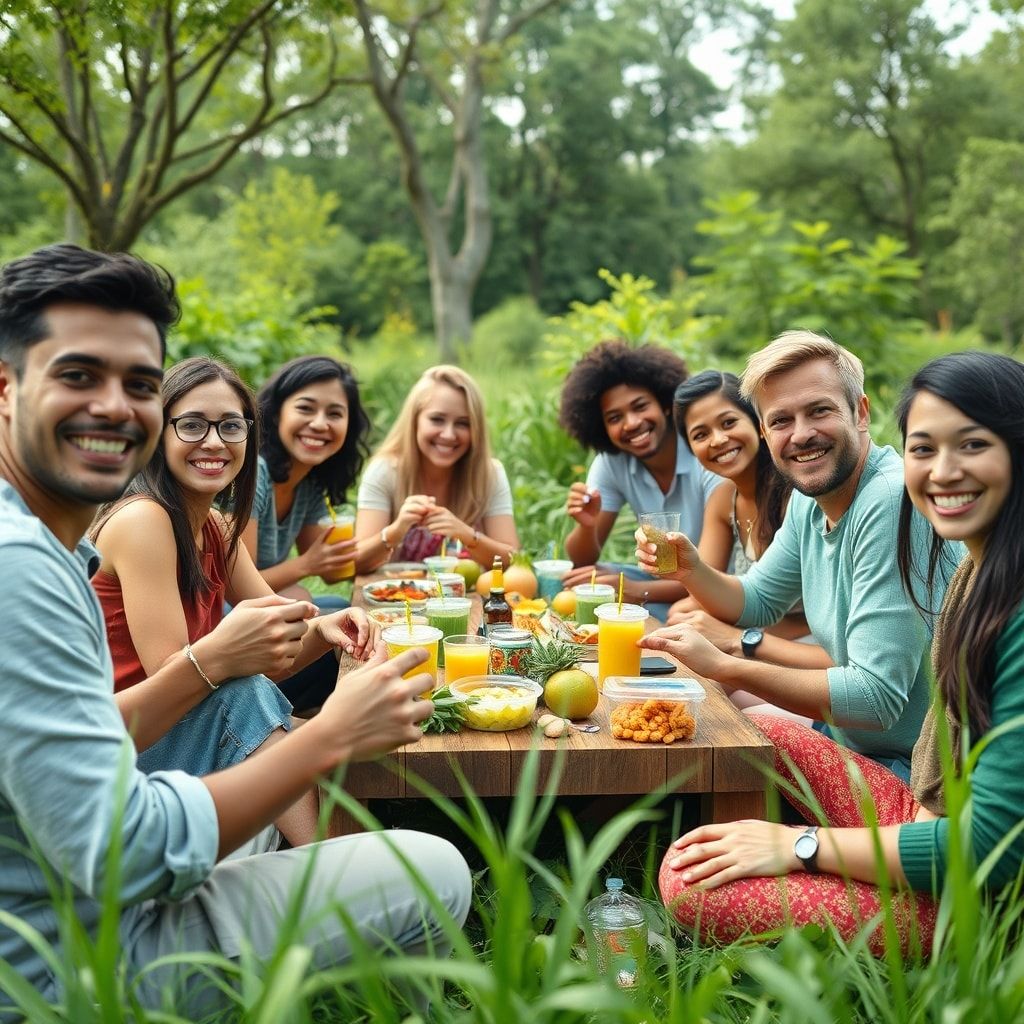 Happy diverse group of people enjoying a picnic in a sustainable park, reusable containers and eco-friendly utensils, vibrant
