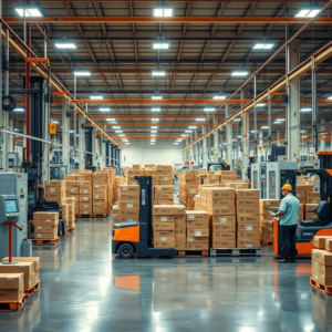 A modern, automated corrugated box factory floor in Thailand, with machinery producing boxes, forklifts moving pallets of finished boxes, and a few technicians monitoring operations. The atmosphere is efficient and well-lit, showing precision and speed in production. Warm industrial lighting, ultra realistic, highly detailed, 8k quality, photorealistic